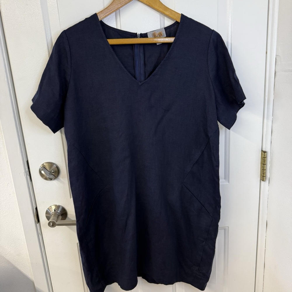 Pure Collection 12 Navy Blue VNeck 100% Linen Dress Pockets Quiet Luxury